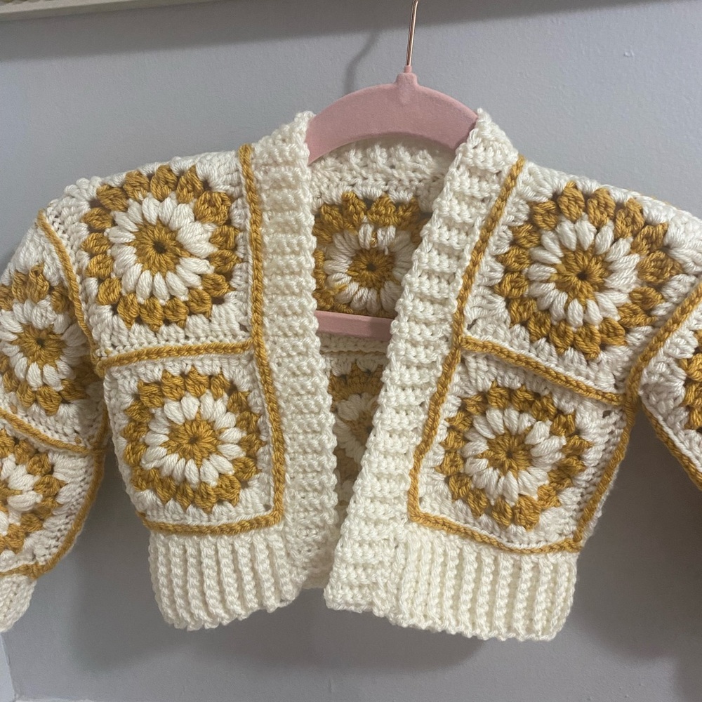 Handmade Crochet Kids Cardigan - Cream and Gold